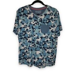 American Republic Blue Camo V Neck Short Sleeve Chest Pocket T Shirt Women Large
